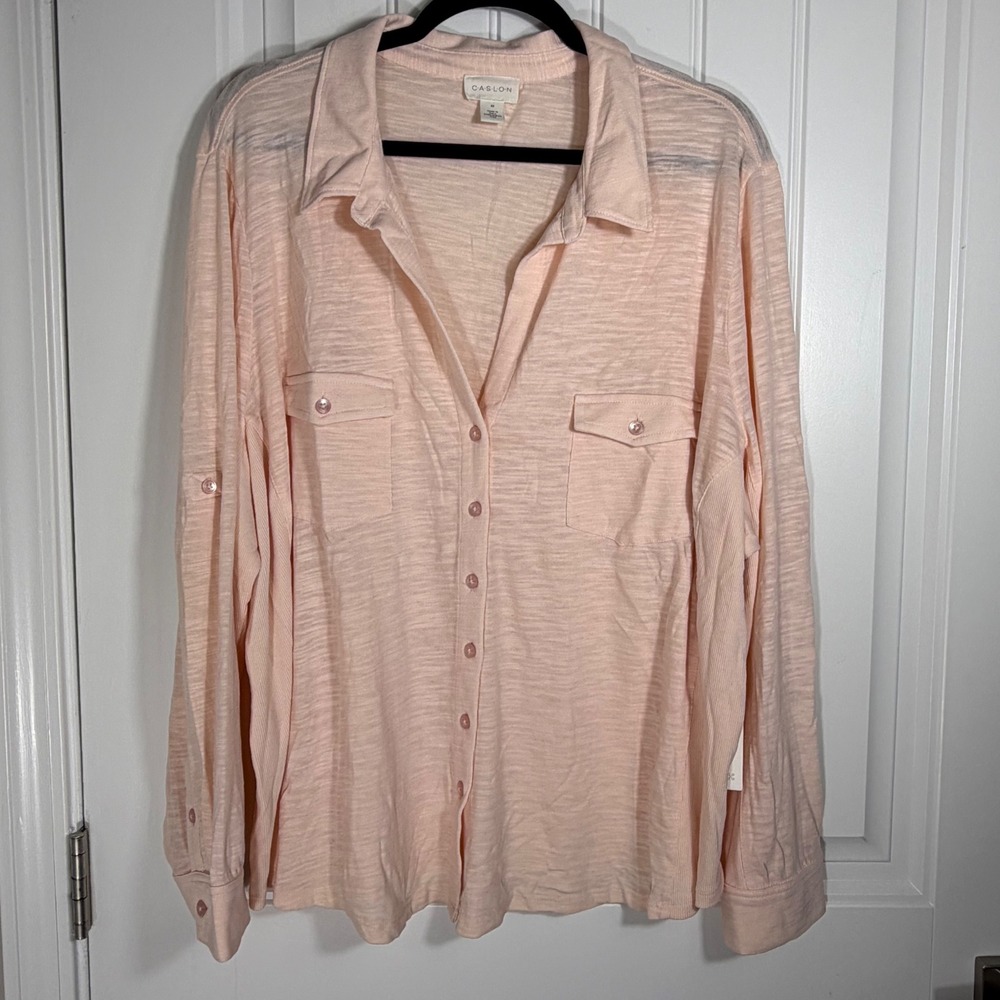 Caslon Womens 3X Peach Slub Knit Roll Tab Sleeve Button Down Shirt